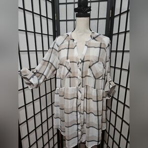 NWT TORRID Size 2 (2X) Emma Neutral Plaid Long Sleeve Chiffon Button Down